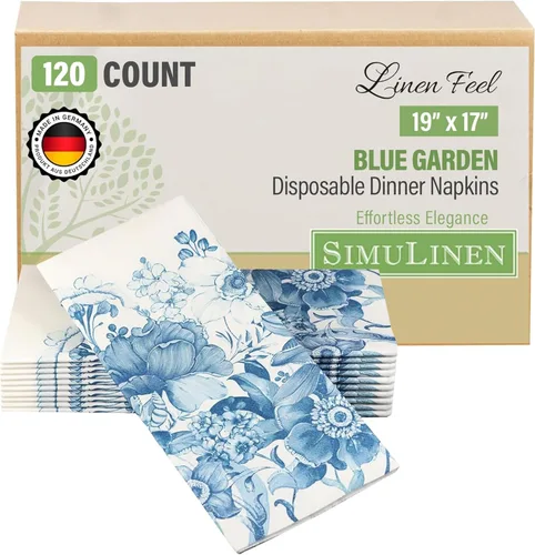 Miniatura 15 de SimuLinen Servilletas decorativas florales azules, servilletas de papel desechables como tela, sensación de lino, material Airlaid de primera