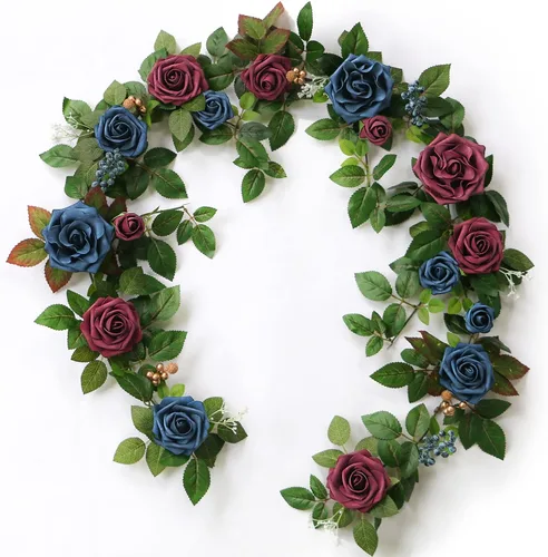 Miniatura 10 de PONATIA Guirnalda de Rosas Artificiales de Color Borgoña de 5 Pies Hecha a Mano, Flores Rosa Empolvado para Ceremonia de Boda, Guirnaldas de Telón