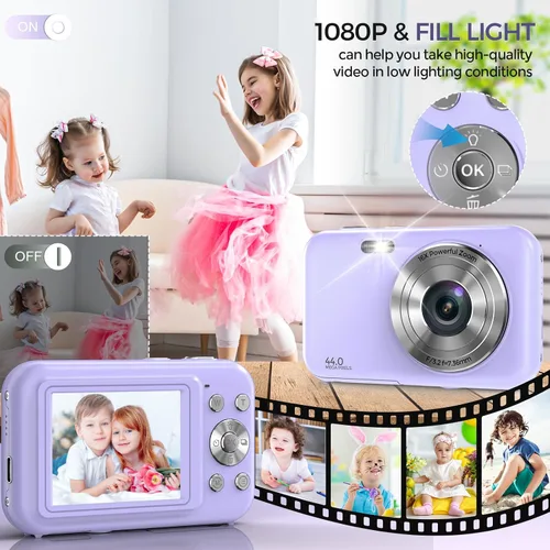 Miniatura 3 de Cámara digital, FHD 1080P 44MP cámara de vlogging con tarjeta de 32 GB, zoom 16X antivibración, cámara digital compacta de punto de viaje y disparo