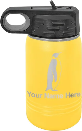 Miniatura 52 de LaserGram Botella de agua personalizada, pingüino, acero inoxidable de doble pared aislada al vacío con popote superior, regalo grabado