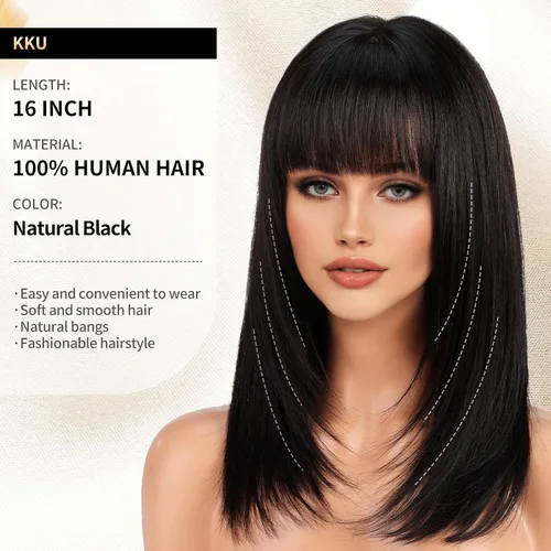 Miniatura 2 de KKU Pelucas de cabello humano de 16 pulgadas para mujer, peluca de cabello lacio en capas con flequillo, realismo natural, pelucas de cabello real