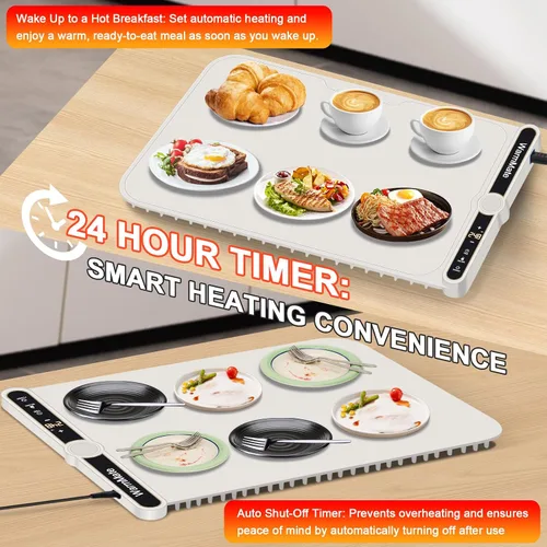Miniatura 7 de Tapete de calentamiento de alimentos, bandeja de calentamiento eléctrica con control de precisión de temperatura de 9 niveles, temporizador de 6