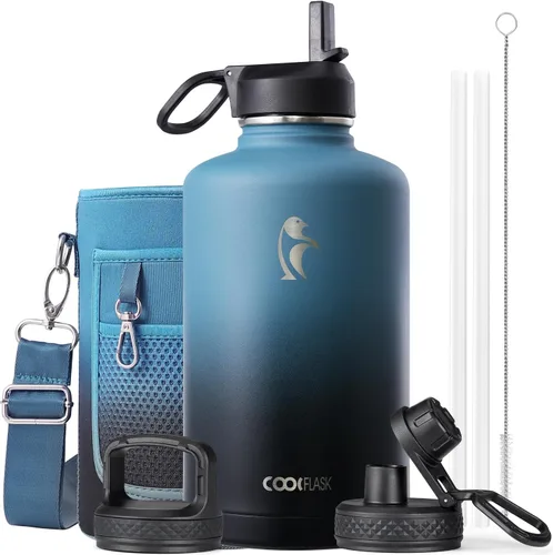 Miniatura 115 de Coolflask Botella de agua de 20 onzas aislada con pajilla, 3 tapas de metal de acero inoxidable, botella de agua de boca ancha para deportes u