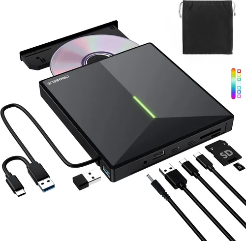 Miniatura 12 de ORIGBELIE Unidad externa de CD y DVD, grabadora de CD USB 3.0 con 2 puertos USB y 2 ranuras para tarjetas TF/SD, unidad de disco óptico