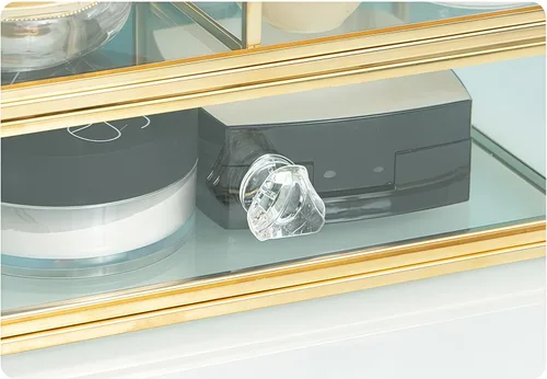 Miniatura 8 de JIARI Organizador de maquillaje de cristal con cajón, caja de exhibición de joyas con marco de latón dorado, almacenamiento de cosméticos