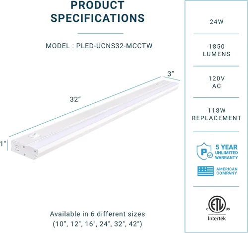 Miniatura 2 de PARMIDA - Iluminación LED para debajo del gabinete, instalación cableada, 32 pulgadas, 24 W, 5CCT seleccionable por color, 2700 K/3000 K/4000 K/5000
