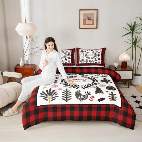 Miniatura 18 de Juego de edredón de Feliz Navidad para niños, tamaño twin, juego de ropa de cama de camión rojo árboles de pino copos de nieve, decoración