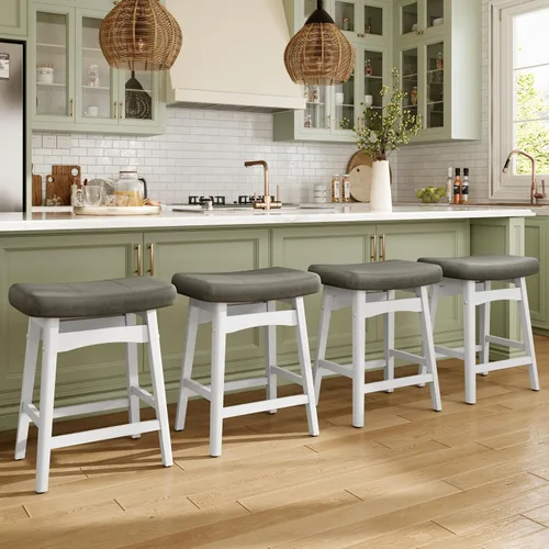 MAISON ARTS - Juego de 4 taburetes de bar blancos de altura de mostrador para encimera de cocina con patas de madera maciza y asiento de cuero Cojín
