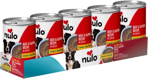 Nulo Land & Sea para perros adultos y cachorros Receta de carne de res y salmón en caldo latas de 12 onzas, paquete de 5