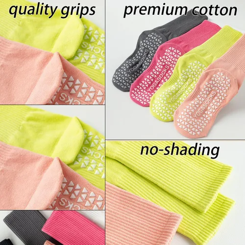 Miniatura 17 de Calcetines de agarre para mujer, calcetines de yoga para pilates, antideslizantes, barre danza, hospital, correr, lindo, de algodón, 3/4 pares