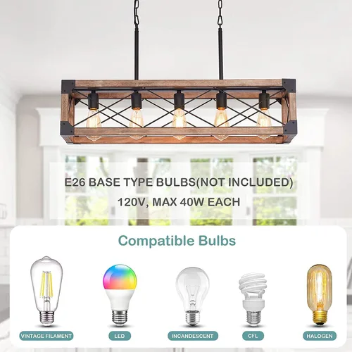 Miniatura 6 de Iluminación de isla de cocina, 33.5 pulgadas, 5 luces, lámpara lineal de granja para comedor, mesa de billar, lámpara colgante, acabado de grano