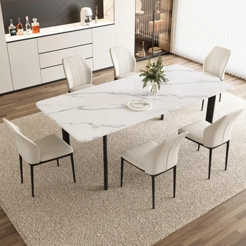 Miniatura 24 de HIPIHOM Mesa de comedor extensible para 6-8 personas, mesa rectangular de 63 a 78.7 pulgadas, MDF blanco con patas de metal resistentes, ahorro
