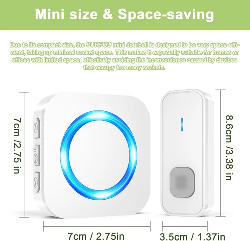 Miniatura 7 de SURFOU Timbre inalámbrico de 1300 pies de alcance para el hogar, casa, oficina, negocios, aula, 55 melodías, kit de timbre de puerta impermeable