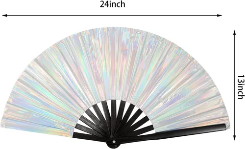 Miniatura 2 de QCWN Abanicos grandes plegables de mano para raves, discoteca, fiesta, decoración del hogar, trajes de arco iris para mujeres y accesorios de Plata