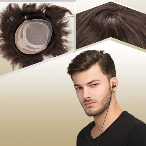 Miniatura 14 de Sistema de reemplazo de cabello humano para hombre, tupé para hombre, piel fina con parte superior de encaje mono y la parte trasera de poliuretano