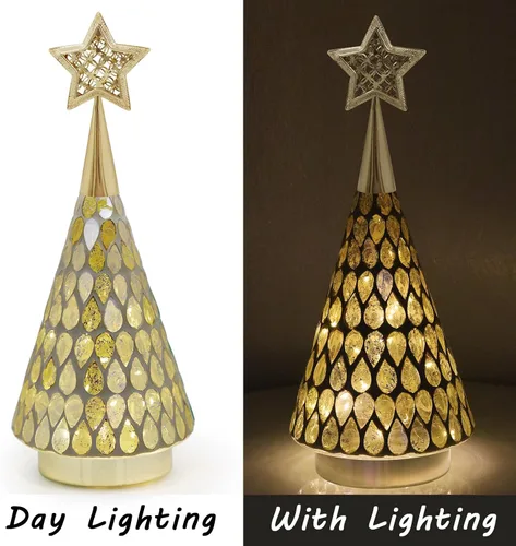 Miniatura 8 de Árbol de Navidad de vidrio con mosaico dorado con estrella, 2 piezas de árboles de Navidad pequeños de mesa con luz, árbol de Navidad a
