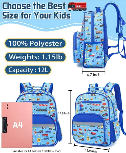Miniatura 6 de Mochila para niños y niñas, bonita mochila ligera para preescolar, jardín de infantes, primaria, escuela primaria, Carros azules, 12L(Para Niños 5-8