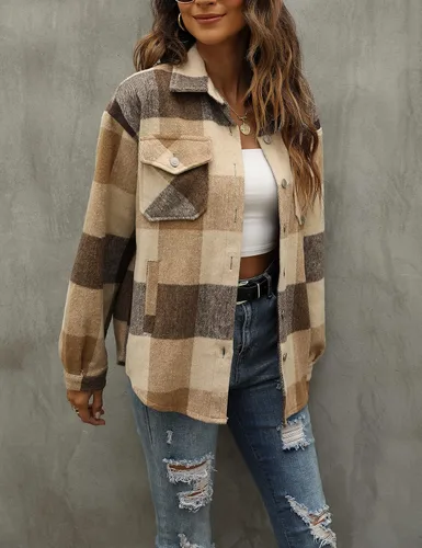 Miniatura 23 de Tanming - Chaquetas de franela cepillada para mujer, a cuadros, con botones, solapas y bolsillos, camisa tipo chaqueta