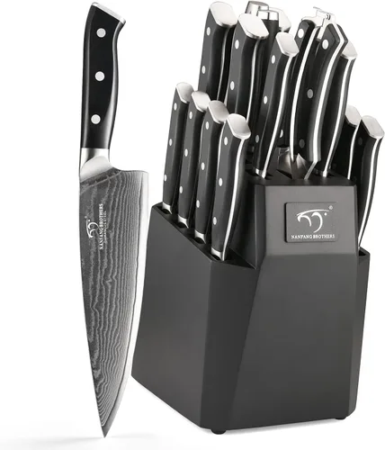 NANFANG BROTHERS Damasco - Juego de cuchillos de cocina, 18 piezas con bloque, asas ergonómicas, tenedor de tallar, afilador, tijeras Negro/Negro