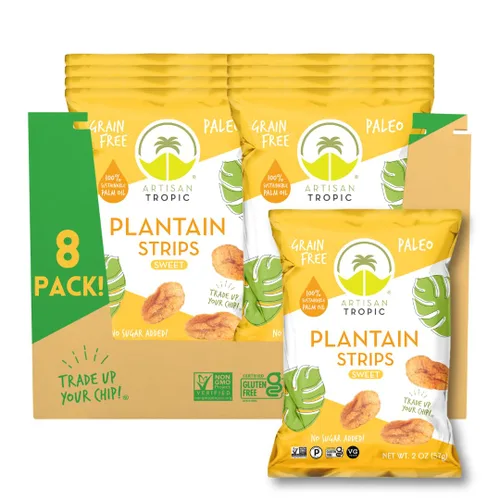 ARTISAN TROPIC Tiras de plátano naturalmente dulces, paquete de 8, 2 onzas, vegano, paleo y sin gluten, bolsas individuales, aperitivos saludables