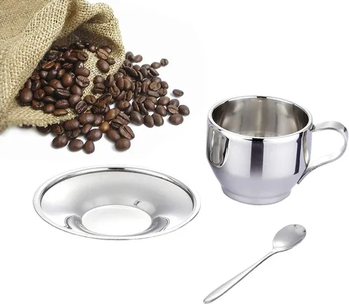 Miniatura 6 de Jasni Taza de café de acero inoxidable, tazas de café expreso y grandes tazas de capuchino con cuchara y platillo, idea de regalo para los amantes