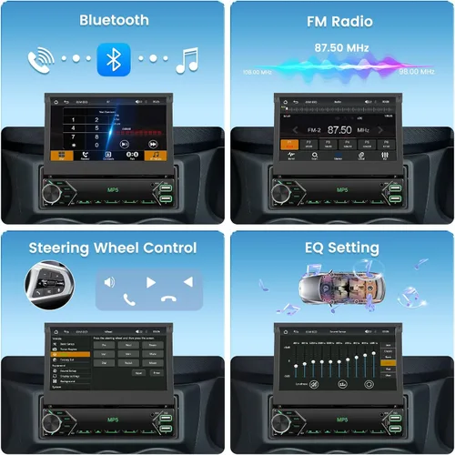 Miniatura 3 de 【Radio AM estable】Hikity - Estéreo de automóvil de un solo din de 7'', Carplay Android Auto, radio de automóvil con pantalla táctil abatible de 7