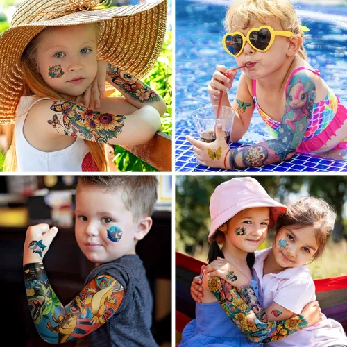 Miniatura 5 de 52 hojas de tatuajes temporales para niños, manga completa, dinosaurio, unicornio, tiburón, delfines, elefante, animal, cara, tatuajes falsos