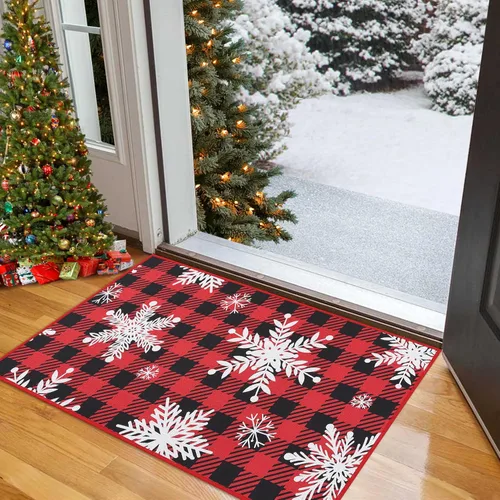 CAROMIO Tapete Navideño para Puerta de Vacaciones Navideñas de Cuadros Buffalo, Tapete de Puerta de Invierno Navideño con Copos de Nieve a Cuadros,