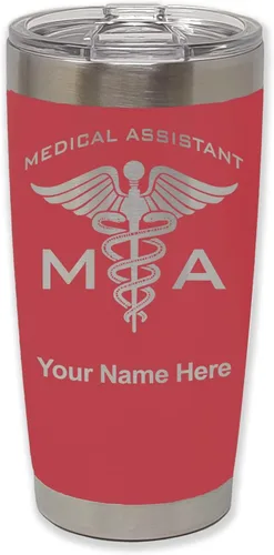 Miniatura 40 de LaserGram Taza aislada al vacío de 20 onzas, asistente médico MA, grabado personalizado incluido (rosa)