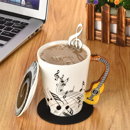 Miniatura 7 de Taza de café de guitarra de 12.9 oz con diseño de notas musicales con tapa temática de música y cuchara y posavasos, regalos para guitarristas