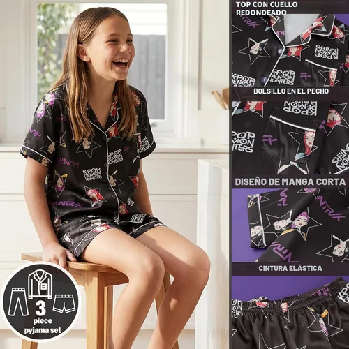 Miniatura 4 de Get Trend KPop Demon Hunters - Pijamas para niñas, con licencia oficial, conjunto de pijama Huntrix de 3 piezas con pantalones y pantalones cortos