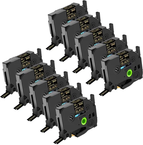 NineLeaf Paquete de 10 cintas compatibles con Brother TZe-334 TZe334 TZ-334 TZ334 de 0.472 in, 1/2 pulgadas, 0.47 pulgadas, oro sobre negro, trabajo