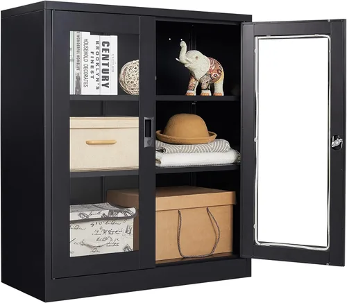 Miniatura 7 de Armario de almacenamiento de metal negro SISESOL con puertas y estantes, armario de exhibición con cerradura de 36 pulgadas con puertas de acrílico