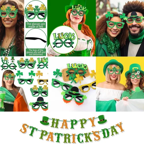 Miniatura 4 de Juego de 156 accesorios para el día de San Patricio, vasos de trébol de 6.8 pulgadas, collares de cuentas de 34 pulgadas, pulseras de goma, monedas