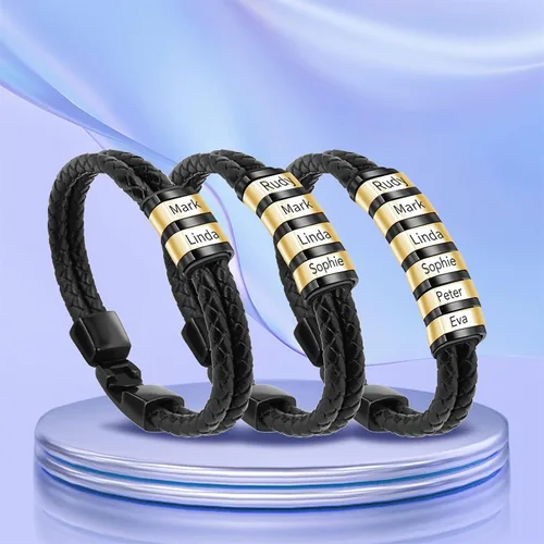 Miniatura 11 de Pulseras de cuero personalizadas para hombre con 1-6 nombres, pulsera trenzada personalizada con cuentas para papá, marido, día del padre, San