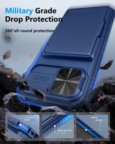 Miniatura 5 de ATATOO Funda tipo cartera para iPhone 16e, tarjetero integrado (3-5 tarjetas) y funda de cámara deslizante y bloqueo RFID, protección de grado Azul