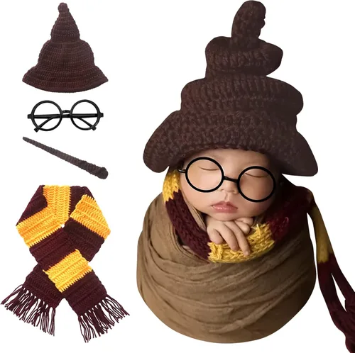 Accesorios para fotografía de recién nacidos, disfraz de Halloween, sombrero de bruja, bufanda, varita, marco de gafas, set de 4 piezas, crochet,