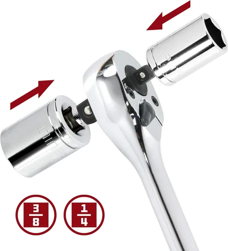 Miniatura 3 de Powerbuilt Trinquete extensible de doble tamaño, accionamiento de 1/4 y 3/8 pulgadas, 72 dientes, columpio de 5 grados, ligero, mango de goma rojo