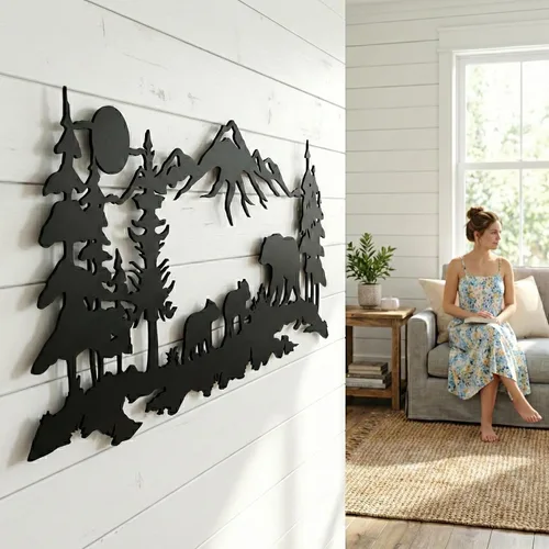 Miniatura 6 de DEKADRON Arte de pared de metal, arte familiar de oso de metal, decoración de montaña de árbol, decoración de pared de naturaleza, regalo