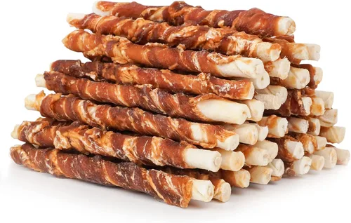 MON2SUN Golosinas de cuero crudo envueltas en pato de 5 pulgadas para cachorros y perros pequeños, promueve la salud dental, aperitivos saludables,
