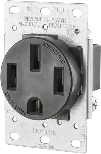 Leviton 279-S00 50 Amp, 125/250V, Nema 14-50R, 3P, 4W, Receptáculo de montaje empotrado, hoja recta, grado industrial, conexión a tierra, cable