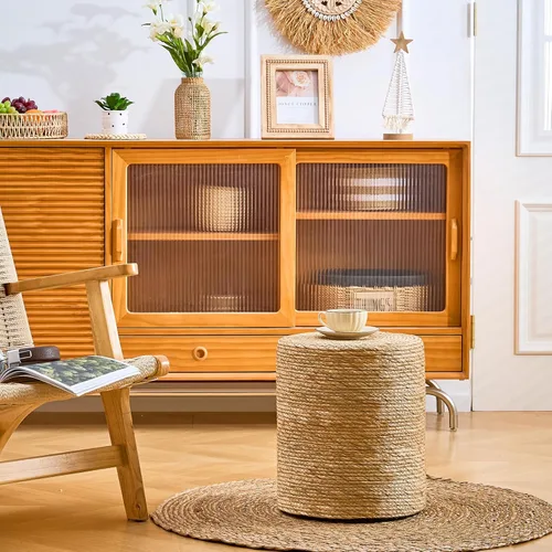 Miniatura 4 de Wimarsbon Taburete de pie de hierba marina natural, otomana redonda tejida a mano, para sala de estar, asiento al aire libre (natural)