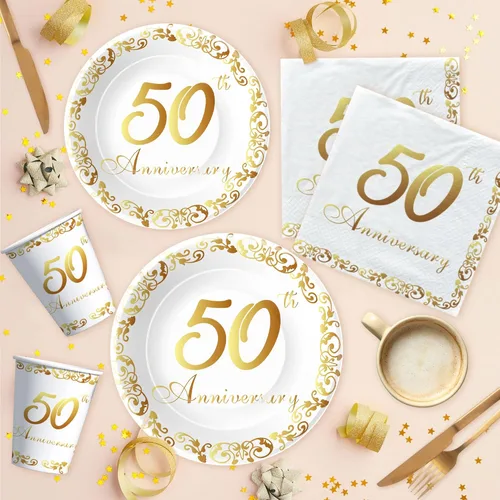 Miniatura 6 de APOWBLS Decoraciones y suministros para el 50 aniversario – Decoración dorada del 50 aniversario de boda, suministros para fiesta, plato de papel