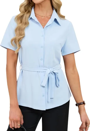 Miniatura 11 de Blooming Jelly Camisa con botones para mujer, cuello con lazo, manga corta, casual, para negocios, blusa de trabajo a la moda de verano