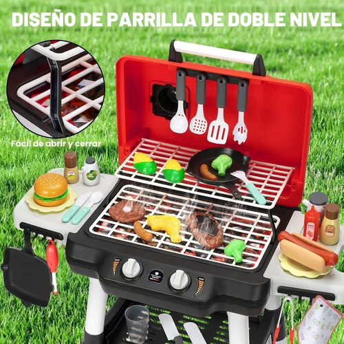 Miniatura 2 de Juguetes de cocina para niños, juego de barbacoa para niños con luz de sonido ahumado, juguete de barbacoa de 2 capas con ruedas, juguetes de comida