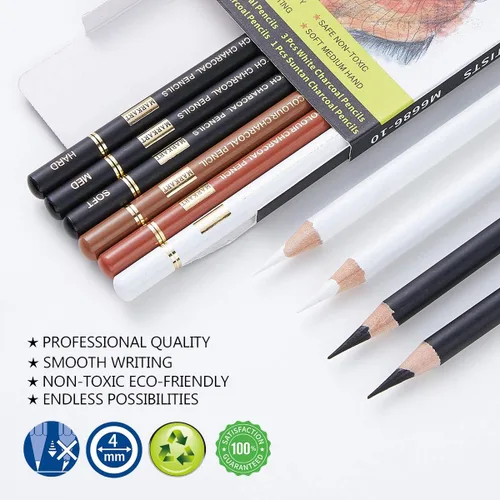 Miniatura 2 de MARKART Lápices de carbón para dibujar, paquete de 10 lápices de carbón blanco y negro para bocetos, sombreado, mezcla, lápiz de artista