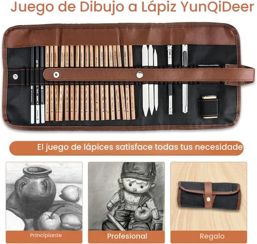 Miniatura 5 de YunQiDeer Lápices de dibujo, suministros de arte, kit de lápices de boceto para niños y adultos, juego de lápices de arte de grafito de carbón