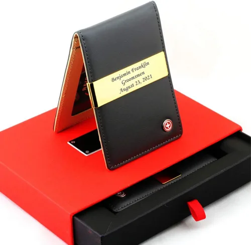 Miniatura 2 de SOTANIA - Clips personalizados de cuero genuino de 24 quilates para hombre carteras delgadas con bolsillo frontal para tarjetas regalo minimalista