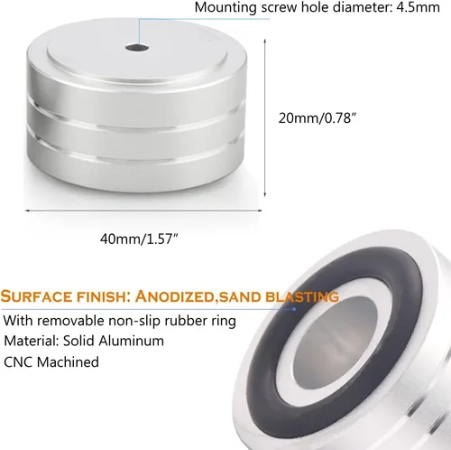 Miniatura 3 de Tertullus 4 juegos de pies de altavoz de aluminio de alta fidelidad de alta fidelidad, picos de base de choque, 1.575 x 0.787 in, almohadilla
