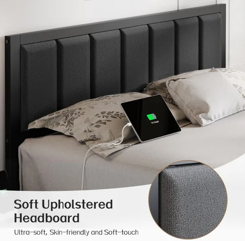 Miniatura 4 de OLEVS Marco de cama matrimonial con cabecero, plataforma de metal, tamaño completo con estación de carga USB y luces LED, no necesita somier